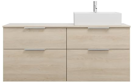 burgbad Eqio Keramik-Aufsatzwaschtisch quadratisch, rechts, inklusive Waschtischunterschrank mit 4 Schubladen, Breite 1400mm, SGUS140RF3180C0001G0146, Farbe: Eiche Dekor Cashmere/Eiche Dekor