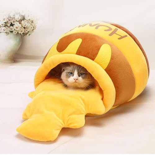 Cat Sleeping Bag, Self-Warming Cat Bed, Cartoon Honeypot Shaped Indoor Winter Cat Cave Bed, Washable Sleeping Bed with Removable Pillow for Cat