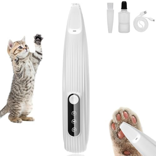 Pfotentrimmer für Hunde mit LED Display, Leise Hundepfoten Trimmer, Paw Trim mit LED-Licht, USB Wiederaufladbar Schermaschine Hund für Hunde Katzen Pfoten, Augen, Ohren, Gesicht(Weiß)