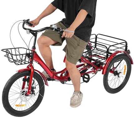WindWilder 20 Zoll Dreirad für Erwachsene mit 7-Gang Schaltung, Klappdreirad höhenverstellbar Tricycle, 3 Rad Fahrrad mit Shopping Korb vorne und Korb hinten bis 130kg/286 lbs Tragfähigkeit (Rot)