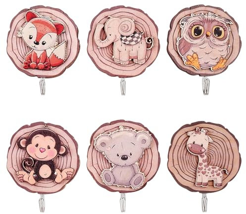 YunBey 6 Stück Kleiderhaken Kinder Garderobenhaken aus Holz in Cartoon-Tierform Wandhaken Kinder Selbstklebend für Kinderzimmer Tür Küche Büro