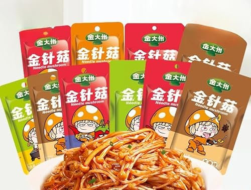 Enoki mushroom,Spicy barbecued enoki mushrooms,side dishes,instant food,pickles,Mala latiao,spicy snack food,vegan,delicious Chinese snack gift package (Hot pot flavor,5 packs)