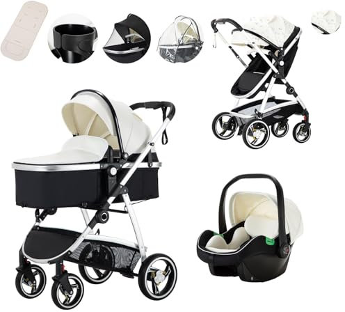 Lnhcrbs Kinderwagen 3 in 1,Stroller Set ist ein mit einer Hand faltbarer Aluminiumrahmen, Bergsteiger Kinderwagen ist aus Leder, wasser- und schmutzabweisend, Für 0-4 Jahre, 22KG(Weiß)