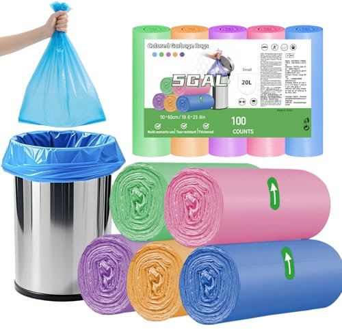 ﻿20L Bin Bags – Small Colorful Food Waste Bags, Strong & Leakproof 5 Gallon Bin Liners for Kitchen, Bathroom & Office(Size 20-25 Litre, 100 Counts)