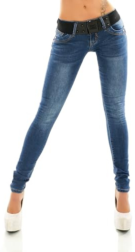 Zeralda Fashion Damen Hüft Jeans Hose Röhrenjeans Skinny Slim Fit Stretch Denim Push Up Gürtel XS-XL
