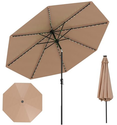 RELAX4LIFE Parasol Inclinable 3M avec LED Solaire, Parasol de Jardin Extérieur LED 3M, Inclinaison à 35°, 96 Lumières, 8 Baleines, Montage Facile, Protection Solaire pour Jardin Plage Piscine (Brun)