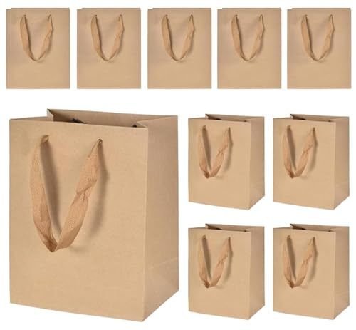 Vylro 10 Stück 18 x 10 x 23cm Braune Papiertüten Klein mit Henkel | Glatt Braun Papiertragetaschen, Kraftpapier Tüten mit Henkel, Kraftpapier-Tüten, Papiertüten mit Henkels, für Einkäufe