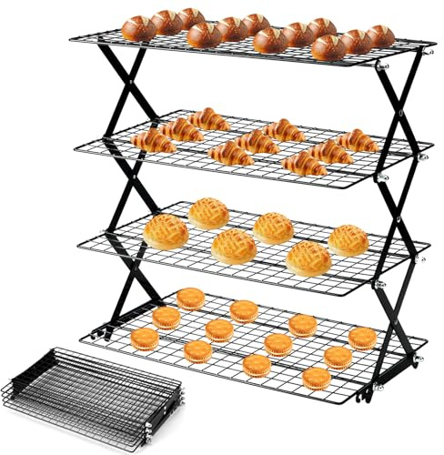 BEZORR 4Tier Collapsible Cooling Rack for Cooking and Baking, Expandable and Foldable Cookie Oven Racks, Non-Stick Baking Tools Accessories for Muffin, Cookies & Biscuits Pizza and Grilling