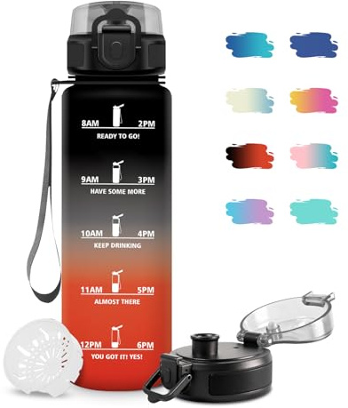 JAPORIA Bouteille d'eau 1L, Gourde Sport Étanche, Gourde Enfant avec Filtre, Gourdes avec Marqueur de Temps, Gourdes Motivation Idéale pour Yoga, École, Bureau, Randonnée