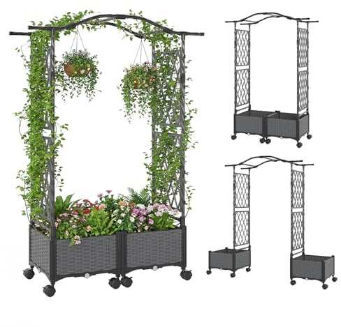 COSTWAY Blumenkasten mit Rankgitter & hängendem Dach, 2 in 1 Rosenbogen mit 2 Pflanzkästen, Gartenbogen auf Rollen, Metall und PP, Rankkasten mit Spalier für Kletterpflanzen, Gartenspalier (Grau)