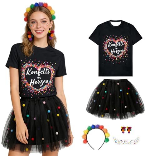 Konfetti Kostüm Damen Set, Konfetti im Herzen Faschingskostüme Outfit mit T-Shirt, Tüllrock, Haarreif mit Bunt Pompoms, Ohrringe & Aufkleber, Konfetti Tutu Rock Karneval Kostüm für Fasching Mottoparty