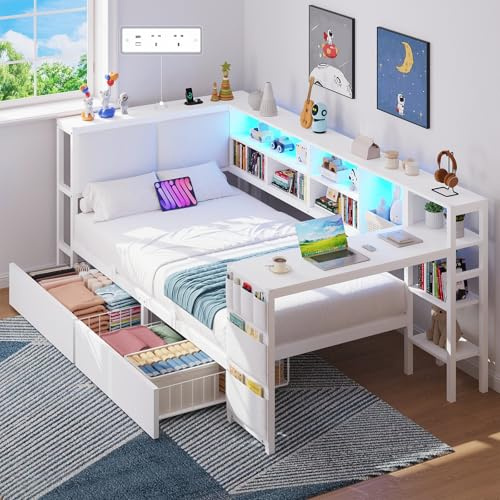 3ft Single Bed with Storage, 2 Drawers & Study Desk, Single Bed Frame with Upholstered Headboard and Charging Station (2 AC Sockets 2 USB Ports), LED Lights, Reversible Left/Right Hand Assembly, White