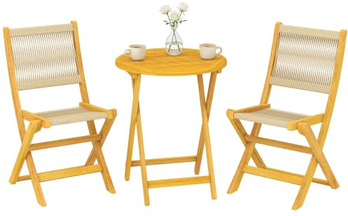 Outsunny Balkonmöbel Set 3 Teilig Polyrattan Akazienholz Naturholz | Klappbar, Gartenmöbel Set Mit Tisch 2 Stühle, Atmungsaktiver Rattansitz, Lamelldesign, Sitzgruppe Für Garten Balkon