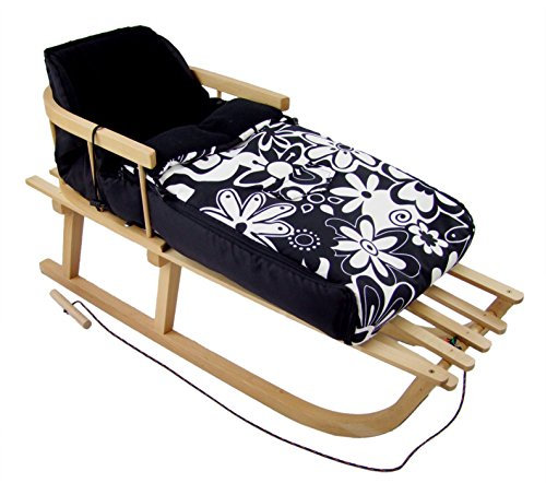 Rawstyle KOMBIPAKET HOLZSCHLITTEN mit Rückenlehne incl. Zugleine + WINTERFUSSSACK 108cm aus Fleece für Kinderwagen Fleece Lehne Kinderschlitten (Schwarz+Gr.Weiße Blumen)
