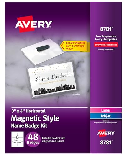 Avery Personalisierbare Namensschilder, Magnet-Stil, 7,6 x 10,2 cm, klare Namensschild-Halter, weiße Laser-/Tintenstrahl-bedruckbare Einsätze, insgesamt 48 (8781)