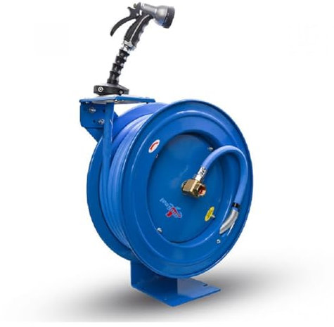 BLUSEAL BSWR5850 einziehbare Schlauchtrommel mit 1,6 cm x 1,5 m Heißwasser-Gummischlauch, 1,8 m Blei, 500 PSI, Messingbeschläge, drehbare Schlauchtrommel, 9 Muster Sprühdüse