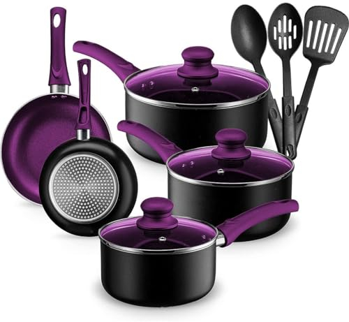 Chef's Star Lot de 11 casseroles et poêles anti-adhésives 100 % sans APEO, PFOA et PFOS Violet