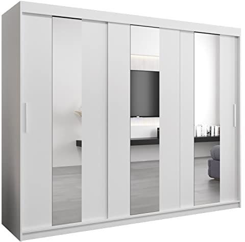 MEBLE KRYSPOL Pole 250 Schlafzimmerschrank mit DREI Schiebetüren, Spiegel, Kleiderstange und Regalen – 250x200x62cm - Mattweiß