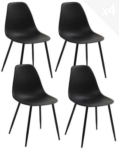 KAYELLES Lot de 4 chaises de Cuisine Noires Design Contemporain, siège Plastique Souple, Pieds métal Nova (Noir)