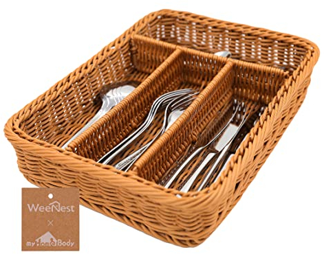 myHomeBody Rectangle Wicker Utensil Holder, Cutlery Organizer for Kitchen Organization, Utensil Drawer Organizer Kitchen Accessories, Resin Wicker 1 pc, Light Brown