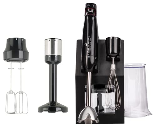 KeMar Stabmixer (1.000 Watt, Schwarz) Titan Klinge & Aufbewahrungsständer, Handstabmixer, Pürierstab mit Schneebesen, 500 ml Mixbehäter (Komplett Set) Edelstahl, Kindersicherung & Mixbecher