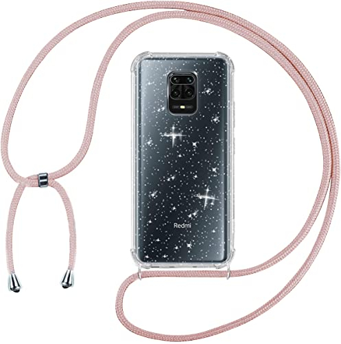 Tikgue Funda con Cuerda para Xiaomi Redmi Note 9S/Redmi Note 9 Pro, Carcasa Glitter Brillante Transparente Suave Silicona Capa con Colgante Ajustable Collar Correa de Cuello Colgar Cordón - Oro Rosa