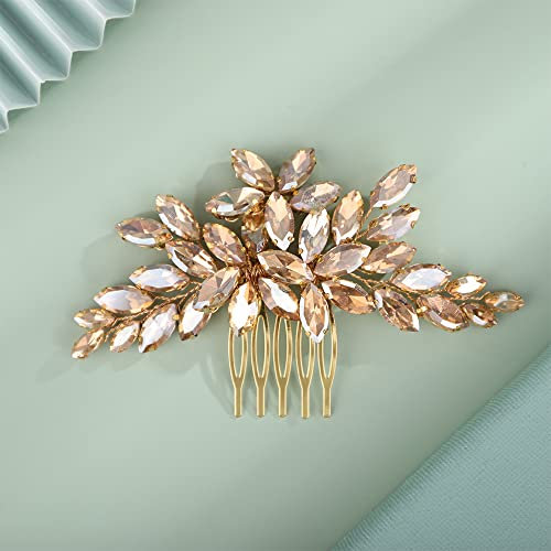 Kercisbeauty Champagne Crystal Beads Gold Hair Comb for Wedding Bridal Shower Handmade Hair Jewelry Girls Prom Hairpiece (Champagne)
