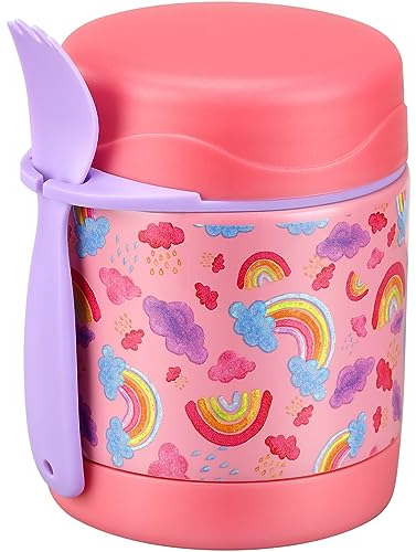 10oz Kids Lunch Thermo Jar with Spoon - Stainless Steel Wide Mouth Insulated Food Containers, Leak Proof for School (Pink-Rainbow)