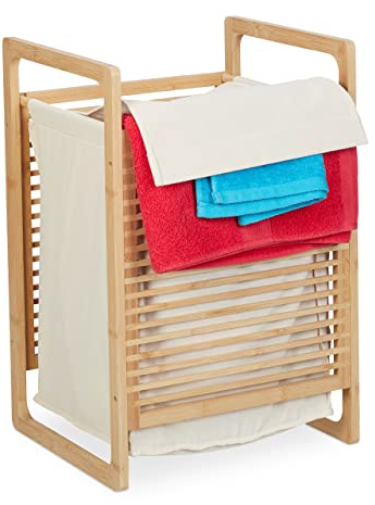 Relaxdays Cesto Portabiancheria in bambù, con Impugnature e Coperchio, 60 x 40 x 35 cm, per Panni Sporchi, Marrone Crema, Cotone