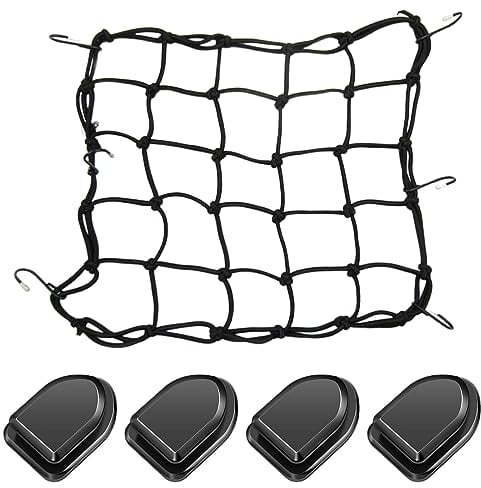 1 Bike Carrier Cargo Net + 4 Sticky Hooks, 15.75 x 15.75inch Elastic Motorcycle Luggage Bungee Netting with 6 Metal Hooks, Helmet Tie-Down Net for Motorbike Bike ATV(black)
