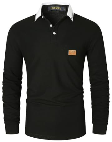 LIUPMWE Mens Long Sleeve Polo Shirts Contrast Color Casual Tennis T-Shirt Cotton Tee Tops,Black-40,L
