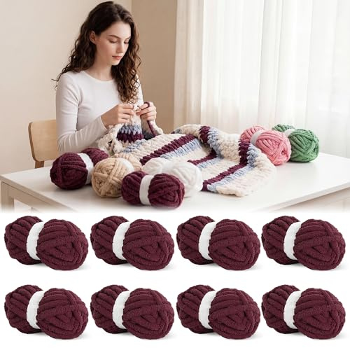 BALAPET 8 Pack Chunky Chenille Yarn for Crocheting & Knitting, 27yds 8 oz Each Skein Soft Fluffy Kitting Yarn Set, Thick Velvet Plush Yarn for Handcrafts Weaving Making Blankets, Burgundy Red