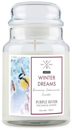Purple River Große Duftkerze im Glas mit Deckel | Winter Dreams | Duftkerze Winter | Kerzen lange Brenndauer | Sojawachskerze | Raumduft für Zuhause