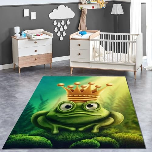 Frosch, Krone Teppich Kinderteppich Modern 3D Märchen, Traum Teppich Kinderzimmer Kurzflor Teppiche rutschfeste Spielteppiche für Schlafzimmer Wohnzimmer Zimmer 160x230 cm