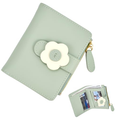 NAROSEBE Geldbörse Damen Klein, Portemonnaie Damen PU Leder, Geldtasche Klein, Kurzer Süße Geldbeutel, Kleine Brieftasche, Geldtasche mit Vielen Fächern für Frauen (Grün)