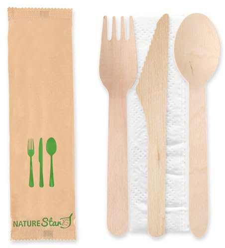 FRANZ MENSCH NATUREStar Bio Bestecksets Triple | FSC® 100%, 500 Stück, Einwegbesteck, Holzbesteck bestehend aus Messer, Gabel, Löffel und Serviette für Events & Gastronomie