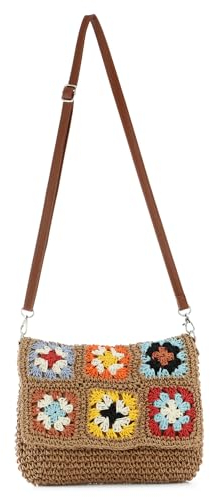 Syrads Bolso de playa de paja bolso de mano de mujer Bolso de hombro de paja de playa de verano casual Bolso bandolera de paja,Café