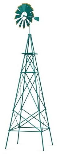 GOPLUS Moulin à Vent de Jardin de 253 CM, Girouette en Métal Robuste à 4 Pieds, Piquets de Sol, Structure en Forme de X, Roulement à Billes pour Cour, Ferme, Jardin, Parc (Vert)