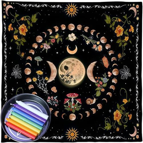 Pnuokn Divinations Tischdecke, Mondphasen, Blumen, Astrologie, Tarotkarten, Rund, Schwarz, Flanell, Spirituelle Decktuch, 75x75cm