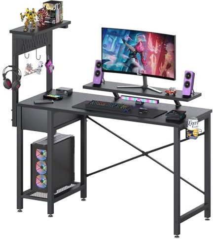 HEEYUE Gaming Desk with Pegboard, 47In Reversible Computer Desk with Wooden Drawer& CPU Stand, PC Laptop Table with Large Monitor Stand, Cup Holder&3 S Hooks for Home Office Game Room