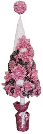 Árbol de Navidad Artesanal en Blanco Aterciopelado y Rosa - Decoración Festiva de 53 cm