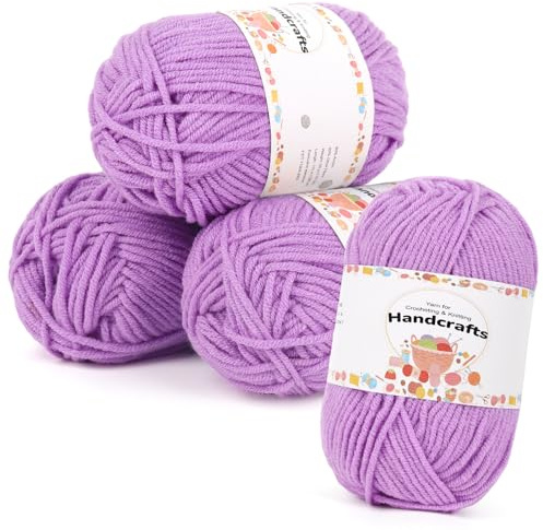 Aeelike 200g(4x50g) Acryl Wolle Zum Stricken, 5Ply Baumwolle zum Häkeln, Ultraweiche Baby Wolle Handstrickgarne Häkeln von Socken, Mützen, Schals, Puppen, Haustierkleidung, Hellviolett