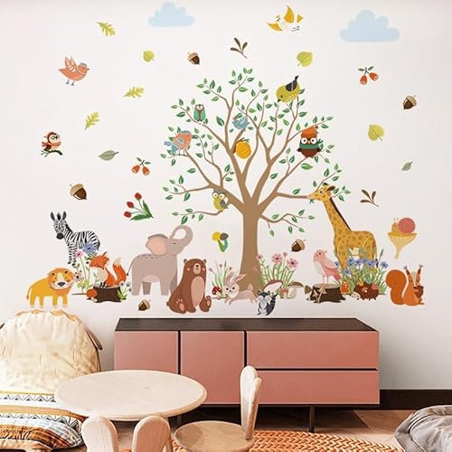 COVPAW Wandtattoo Baumhaus Wald Tier Dschungel Eule Fuchs Igel Wandaufkleber Großer Baum Wandsticker Grünland Kinderzimmer Babyzimmer Schlafzimmer Wanddeko (Waldtier2024)