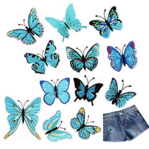 LINGJIA 12 Stück Schmetterlingsaufnäher zum Aufbügeln, Stickerei Aufnäher für Kinder, Jeans (Blau)