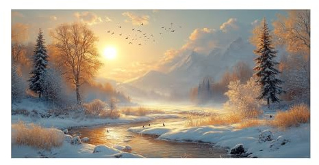 TODOAA Winter Natur Schlafzimmer Leinwandbilder, Winter Wald Sonnenuntergang Aesthetic Leinwand Deko Wohnzimmer Gemälde Foto Geschenk Living Room Decoration - 60x120cm Ungerahmt(Gelb)