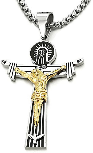 COOLSTEELANDBEYOND Herren Jesus Christus Kruzifix INRI Kreuz Anhänger Halskette, Edelstahl Schwarz Silber Gold mit 75cm Stahl Weizen-Kette