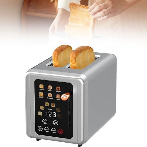 Tostadora inteligente con pantalla táctil for 2 rebanadas, ranuras anchas inteligentes, acero inoxidable, 6 tipos de pan y 6 configuraciones de tostado, con función de sonido y temporizador digital.