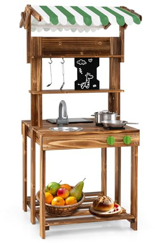 COSTWAY Cucina Giocattolo per Giardino a Doppia Faccia, Cucina per Bambini in Legno di Abete con Tettoia, Lavagna Scorrevole e Griglia Barbecue, Set da Cucina con 5 Accessori, 63 × 56 × 115 cm