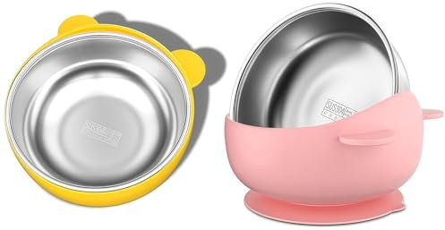 Yamobi 2 Stück Silikon Edelstahl Teller für Baby,Babyteller mit Saugnapf,Kinderteller mit Saugnapf,Rutschfester Breischale, Baby-Set für Kinder
