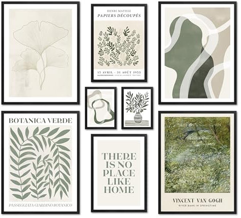 ARTFAVES® Poster Set - Botanica Verde - mehrteilige Wanddeko Wohnzimmer & Schlafzimmer - 8 moderne Wandbilder natur, beige, grün, grün-beige, abstrakt, pflanzen, botanik, van gogh - mit Rahmen Schwarz